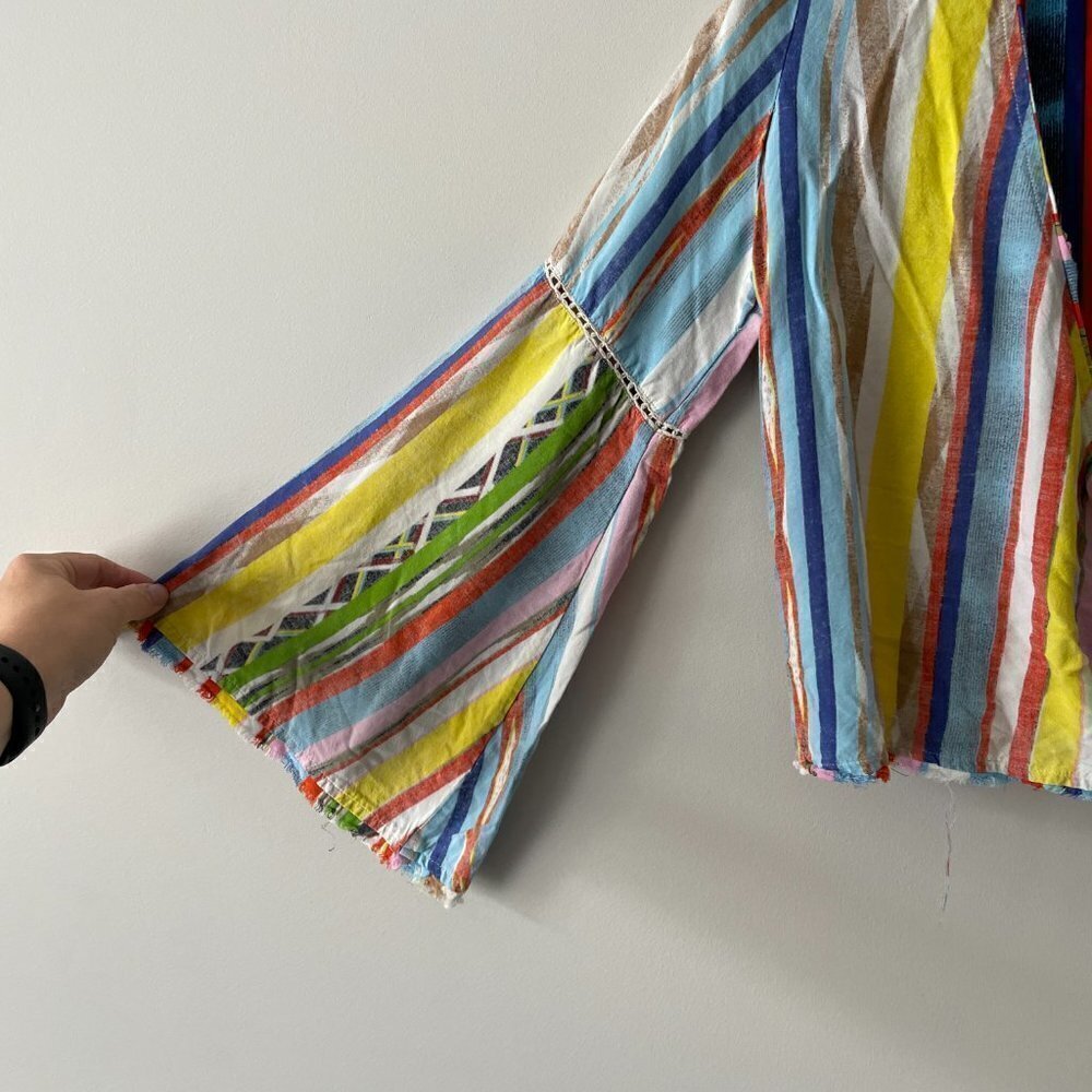 Z & L Striped Cropped Top Long Sleeve Tie Front Yellow Blue Small - Picture 6 of 7